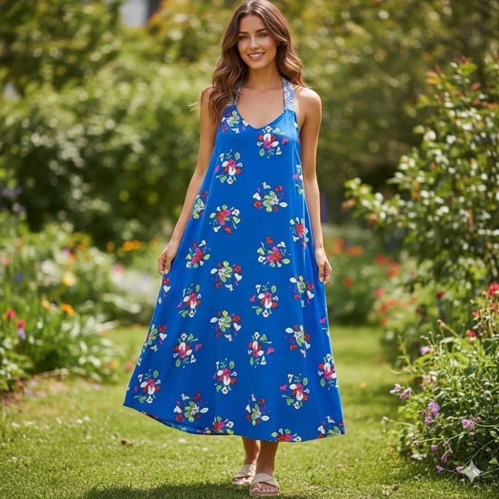 Matilda Jane Womens Size Medium Blue Floral Midi Dress Strappy Back Boho Summer
